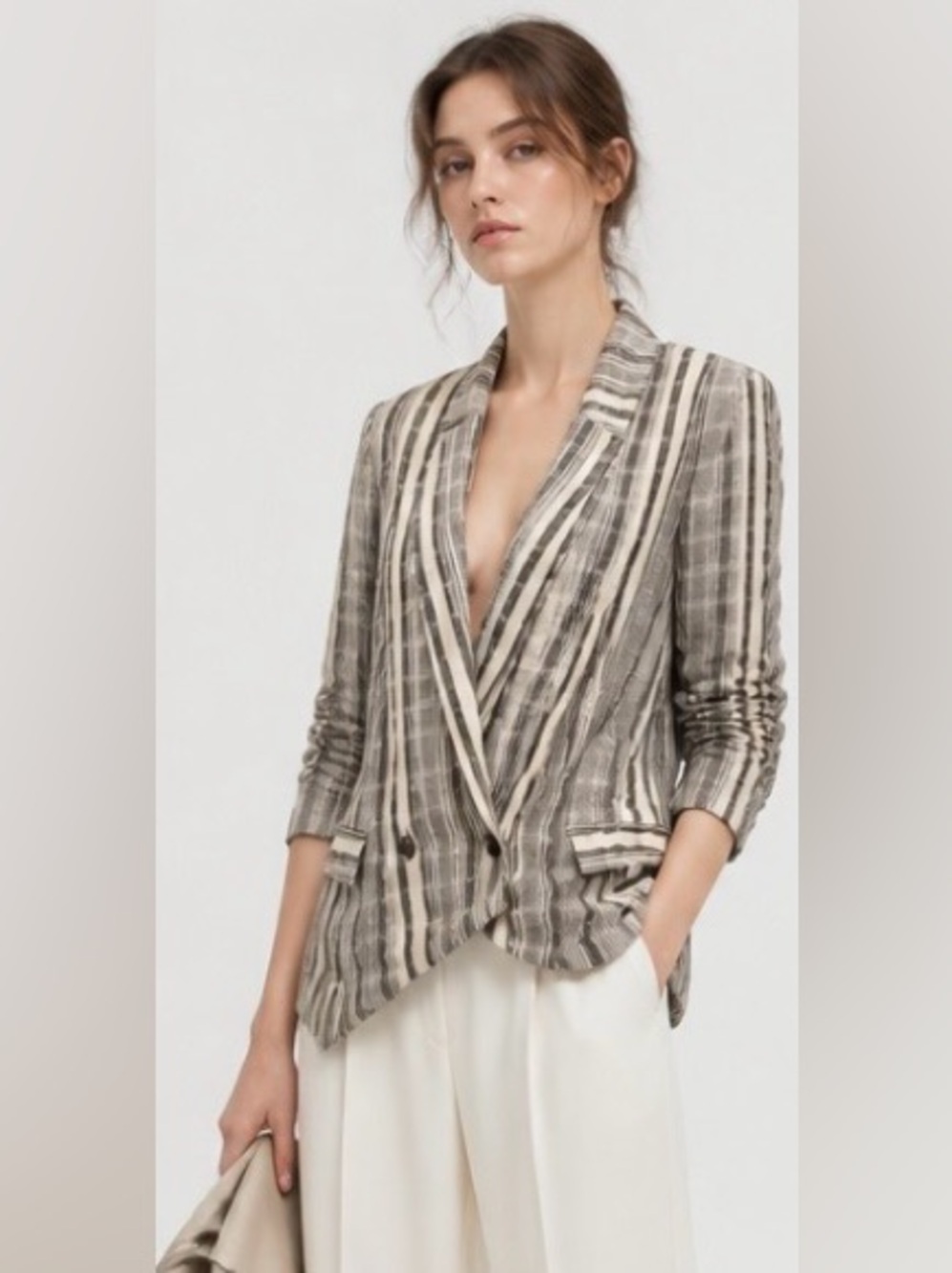 Anthropologie ELEVENSES Blazer Jacket Lace Striped Plaid Gray Boho Small